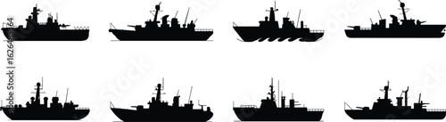 Naval ship silhouettes, military vessels, warship icons, black and white, radar ships, fleet illustration, defense, maritime, vector, graphic