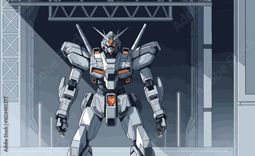 Military Mecha in Hangar: A formidable military mecha stands poised within the metallic confines of a hangar, exuding an aura of advanced technology and futuristic power. 