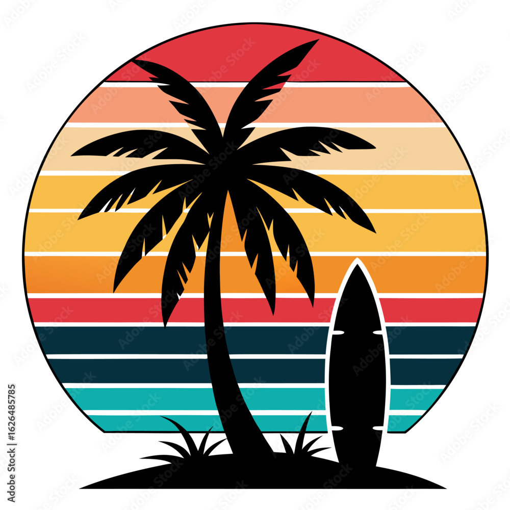 Obraz premium Surfboard and Palm Tree Scene Framed in Curved Retro Rectangle