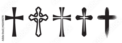 A collection of five different black and white cross illustrations on a white background design art