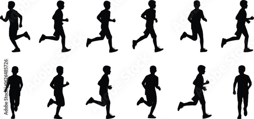 Running silhouette sequence, athletic motion cycle, black vector illustration, human biomechanics, sports movement, dynamic posture, fitness concept art