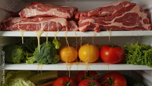 Refrigerator storage error, raw meat on high shelf above veggies. Unhygienic food storage with raw beef dripping onto carrots, broccoli, oranges. Food safety hazard, improper storage methods,