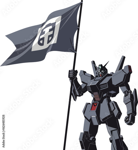 Cybernetic Guardian: A formidable mechanized soldier defiantly waves a banner, embodying strength and resilience in a futuristic and intense illustration.