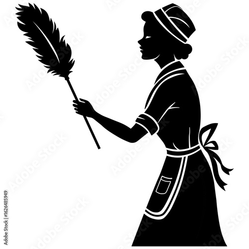 black white silhouette of a housemaid with a fluffy dust brush