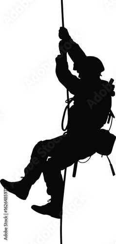 Silhouette of Soldier Repelling Down Rope - Military Training, Climbing Action