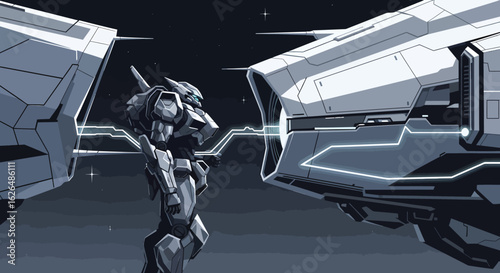 Cybernetic Sentinel: A technologically advanced, imposing robotic figure stands in stark contrast against the backdrop of a futuristic structure.
