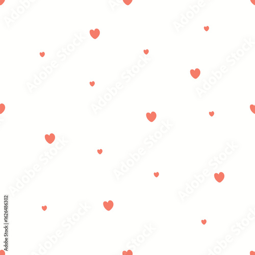  Seamless pattern with cute red hearts on white background. Minimalist romantic design with scattered heart shapes for Valentine or love-themed projects.