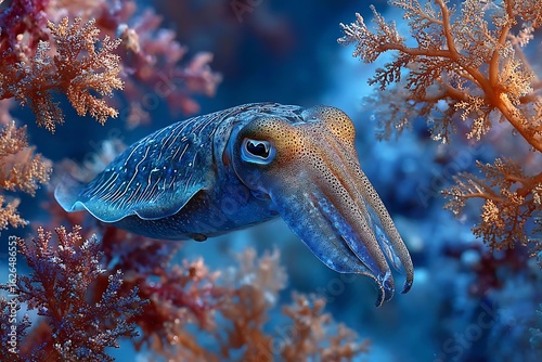 Blue and brown cuttlefish navigates through vibrant coral reef