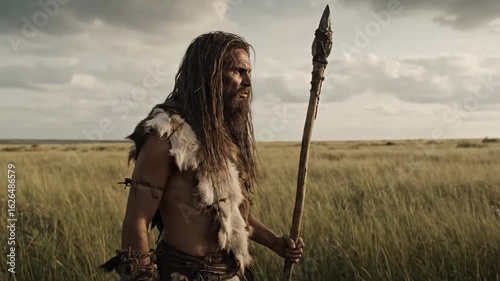Prehistoric Hunter Holding Spear in Open Savannah – Survival Scene