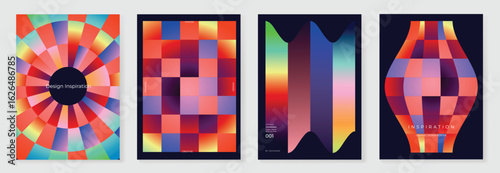 Rainbow bridge gradient poster background vector set. Cover template with vibrant perspective geometric prism shapes. Ideal design for social media, cover, banner, flyer.
