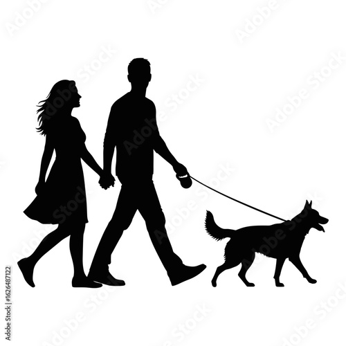 Couple walking dog silhouette