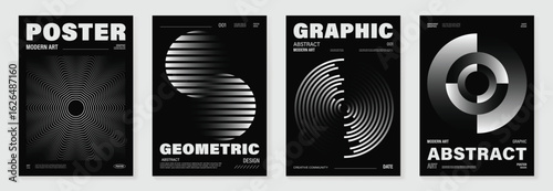 Abstract monochrome poster background vector set. Modern cover template with black and white perspective geometric prism shape, line. Ideal design for social media, banner, ads. 