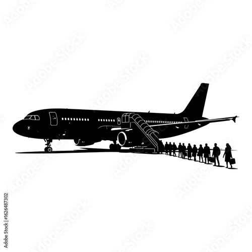 People Boarding Airplane Silhouetted Against White Background