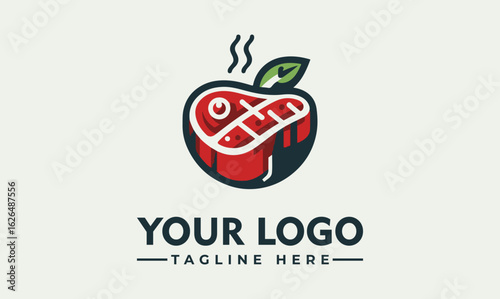 A stylized logo featuring a juicy steak shaped like an apple, complete with grill marks and steam.