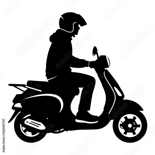Silhouette of a person riding a scooter with a helmet