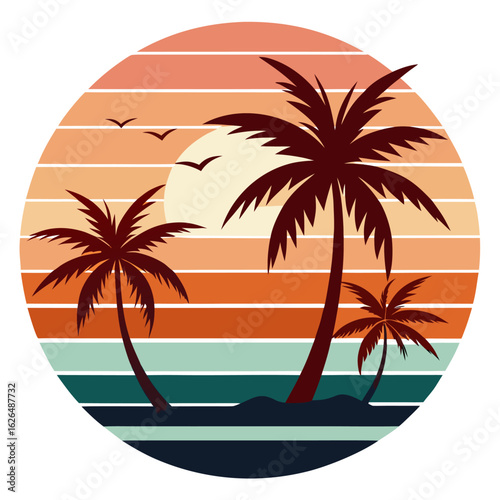Bold Retro Surf Scene with Silhouetted Surfer Holding Board against Orange-Red Gradient Sunset – Simplified Palms and Waves, Strong Vector Impact