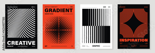 Abstract monochrome poster background vector set. Modern cover template with black, white and orange perspective geometric shape, line, halftone. Ideal design for social media, banner, ads.