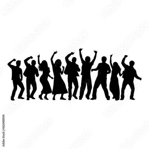 Silhouette of people dancing and celebrating at a party