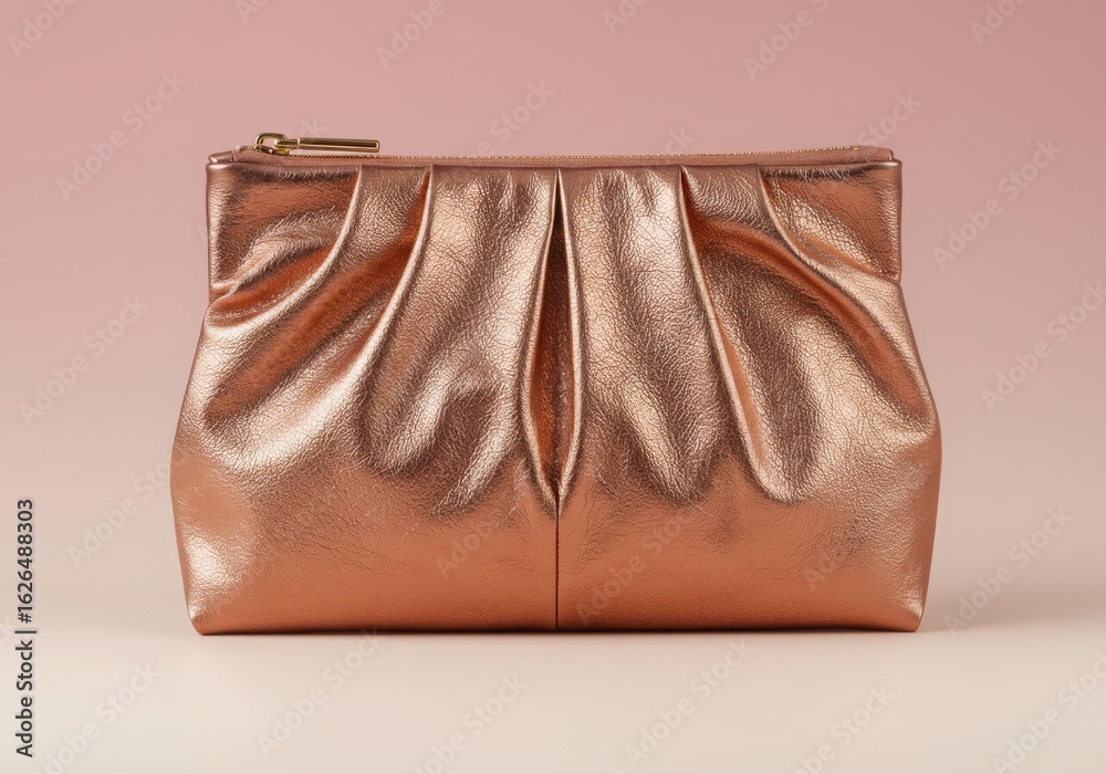 Obraz premium Shimmering rose gold pleated clutch bag with zipper closure