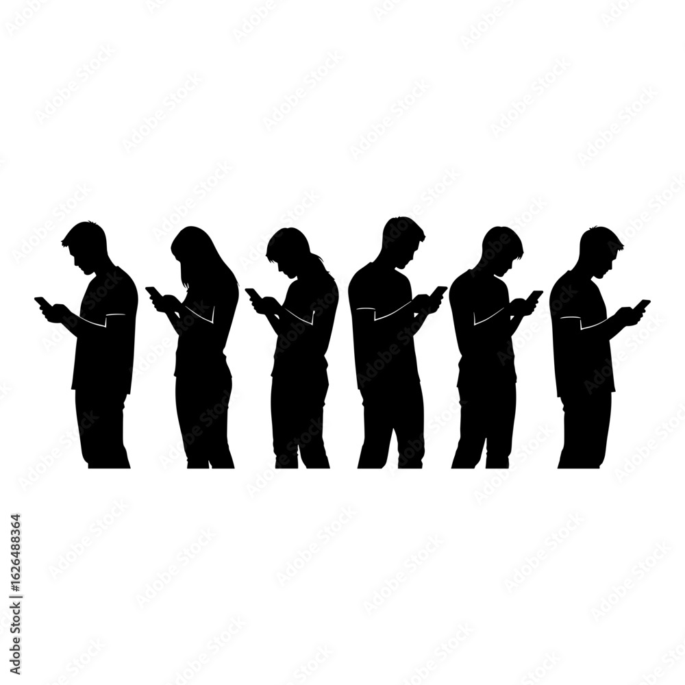 Fototapeta premium Silhouettes of people engrossed in their smartphones