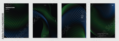 Abstract line wave gradient poster background vector set. Minimalist cover template with vibrant perspective line wave in motion. Ideal design for social media, cover, banner, flyer, music, ads.