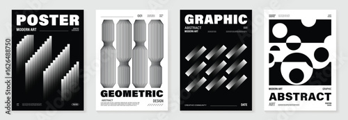 Abstract monochrome poster background vector set. Modern cover template with black and white perspective geometric prism shape and line different. Ideal design for social media, banner, ads.