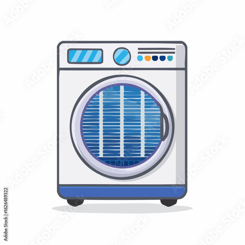 Cartoon illustration of a household evaporative air cooler, white and blue design, isolated