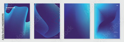 Abstract line wave gradient poster background vector set. Minimalist cover template with vibrant perspective line wave in motion. Ideal design for social media, cover, banner, flyer, music, ads.