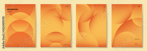 Modern gradient poster background vector set. Minimalist cover template with orange and yellow perspective geometric prism shapes, bubble. Ideal design for social media, cover, banner, flyer.