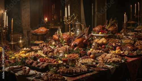 Medieval-style banquet table with opulent food and golden tableware. Roasted meats, fruits, pastries, and candles create a luxurious atmosphere in grand dark wood room with white tablecloth.