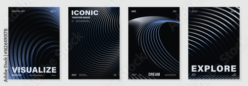 Abstract line wave gradient poster background vector set. Minimalist cover template with vibrant perspective line wave in motion. Ideal design for social media, cover, banner, flyer, music, ads.