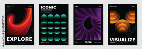 Modern gradient poster background vector set. Minimalist cover template with vibrant perspective geometric shapes different. Ideal design for social media, cover, banner, flyer.