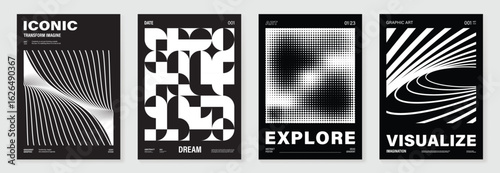 Abstract monochrome poster background vector set. Modern cover template with black and white perspective geometric prism shape, line, dot halftone. Ideal design for social media, banner, ads.