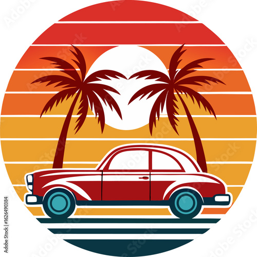 Minimalist vintage auto under palm tree and retro sunset in balanced silhouette composition.