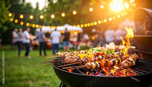 Grilling Meat Skewers at Outdoor Party with String Lights