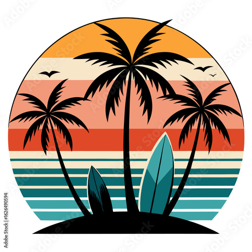 Beachside Nostalgia – Silhouetted Palms and Surfboards at Sunset