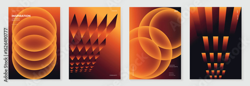 Modern gradient poster background vector set. Minimalist cover template with orange perspective geometric prism shapes, bubble. Ideal design for social media, cover, banner, flyer.
