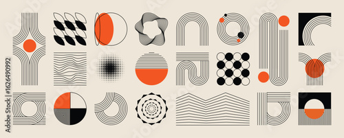 Abstract minimal element mid century vector set. Aesthetic contemporary stripe line art, vintage geometric shape,halftone in monochrome and orange. Atomic age Art form design for wall art, decoration.