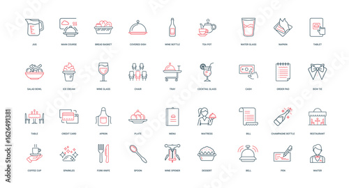 collection restaurant-themed icons waiter icon, friendly polite experienced courteous