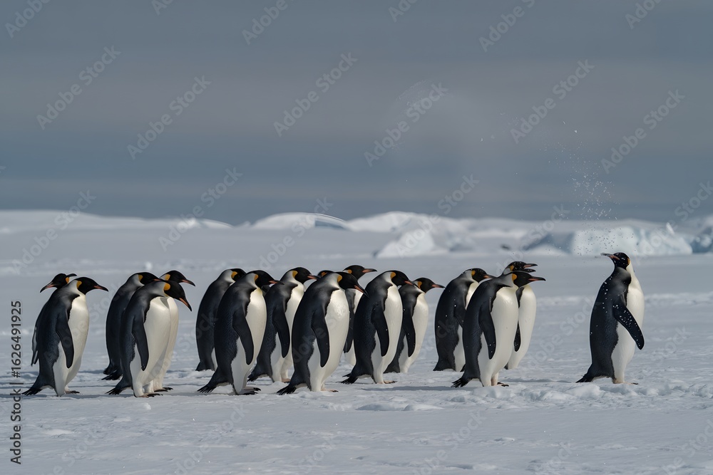 Obraz premium A group of emperor penguins walking on the ice in antarctica