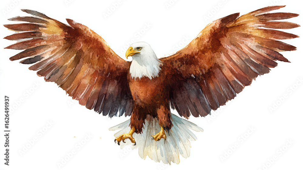 Obraz premium Bald eagle with wings spread wide in detailed watercolor painting