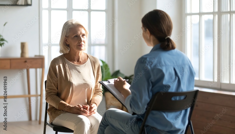 Obraz premium Thoughtful senior woman in therapy session with therapist taking notes in bright room