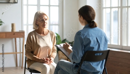 Thoughtful senior woman in therapy session with therapist taking notes in bright room