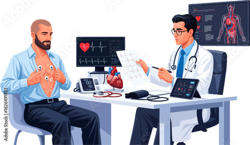 Cardiologist Evaluating a Patient's Electrocardiogram in a Clinical Consultation. Medical illustration of a specialist examining a patient's electrocardiogram with electrodes. 
