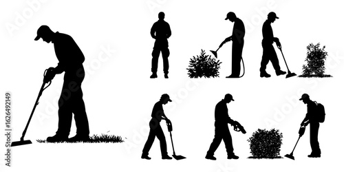 Maintenance worker silhouette vector set with rakes and outdoor cleaning equipment