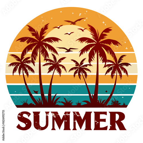 Wallpaper Mural Vintage Stripe Background with Palms, Birds, and Large “SUMMER” Display Text Torontodigital.ca