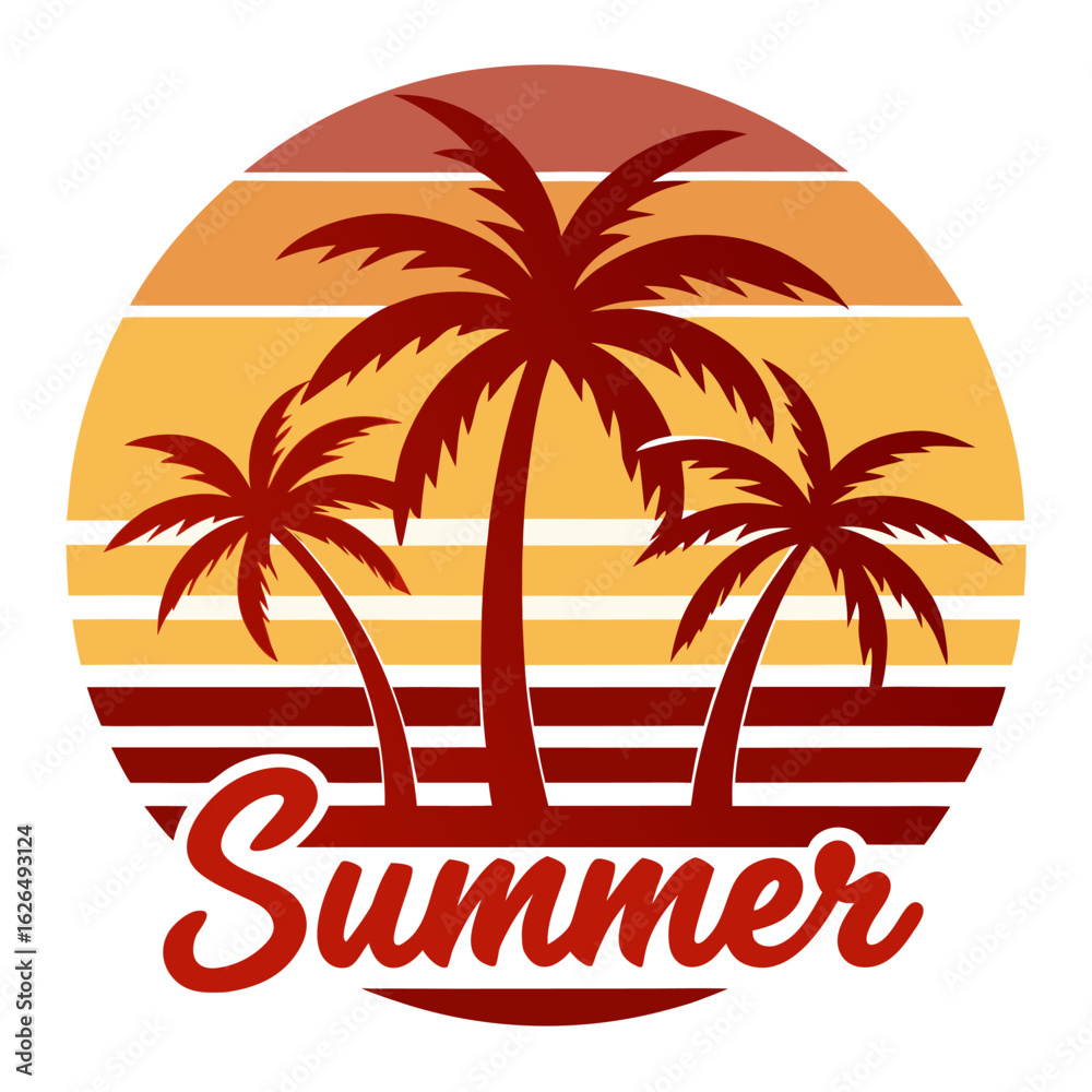 Naklejka premium Sunset Circle with Palms and “Hello Summer” Script in Smooth Vector Style