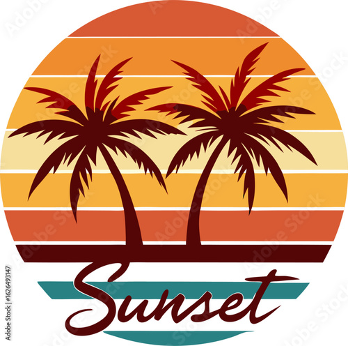 Wallpaper Mural Leaning Palms and Retro Sunset with Flowing Summer Text on White Background Torontodigital.ca