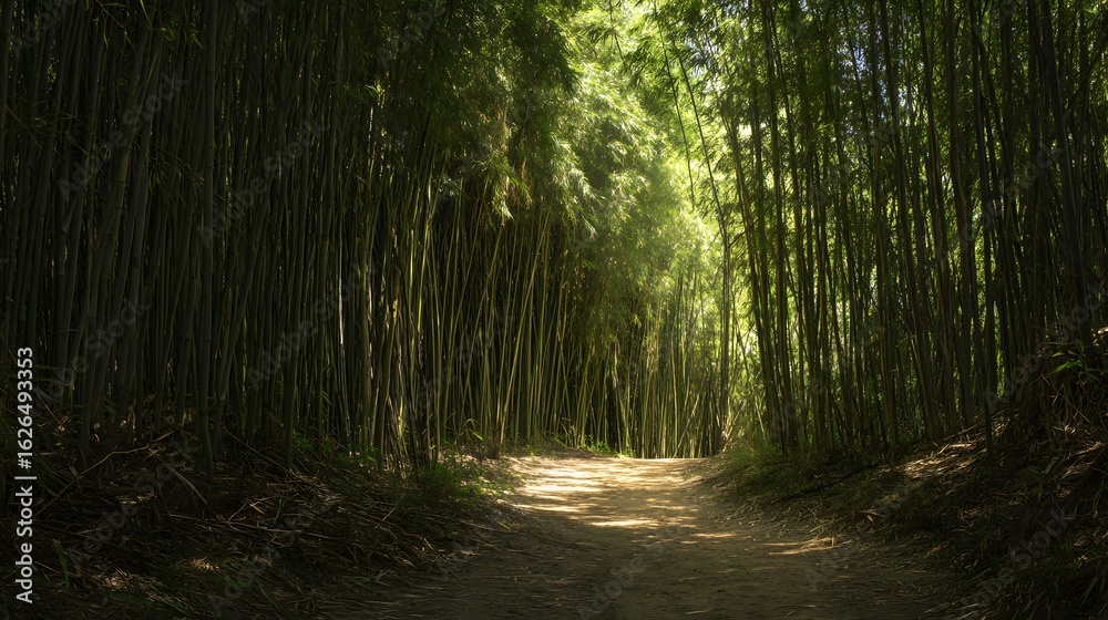 Naklejka premium A bamboo forest path in soft sunlight