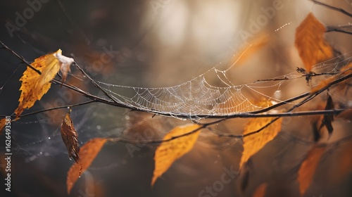 Fototapeta Naklejka Na Ścianę i Meble -  Macro view of a spider web stretched between thin branches covered with vibrant fall leaves